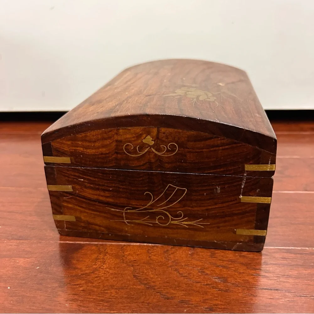 Vintage Rosewood Brass Inlay Divided Jewelry Box SAIMA Blue Velvet 2 Tiers